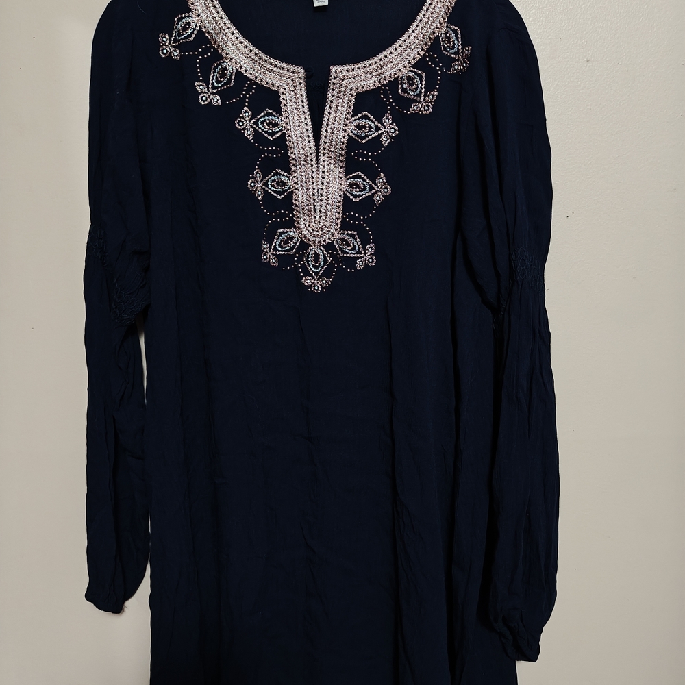 Umgee Navy Blue Tunic with Pink Embroidery